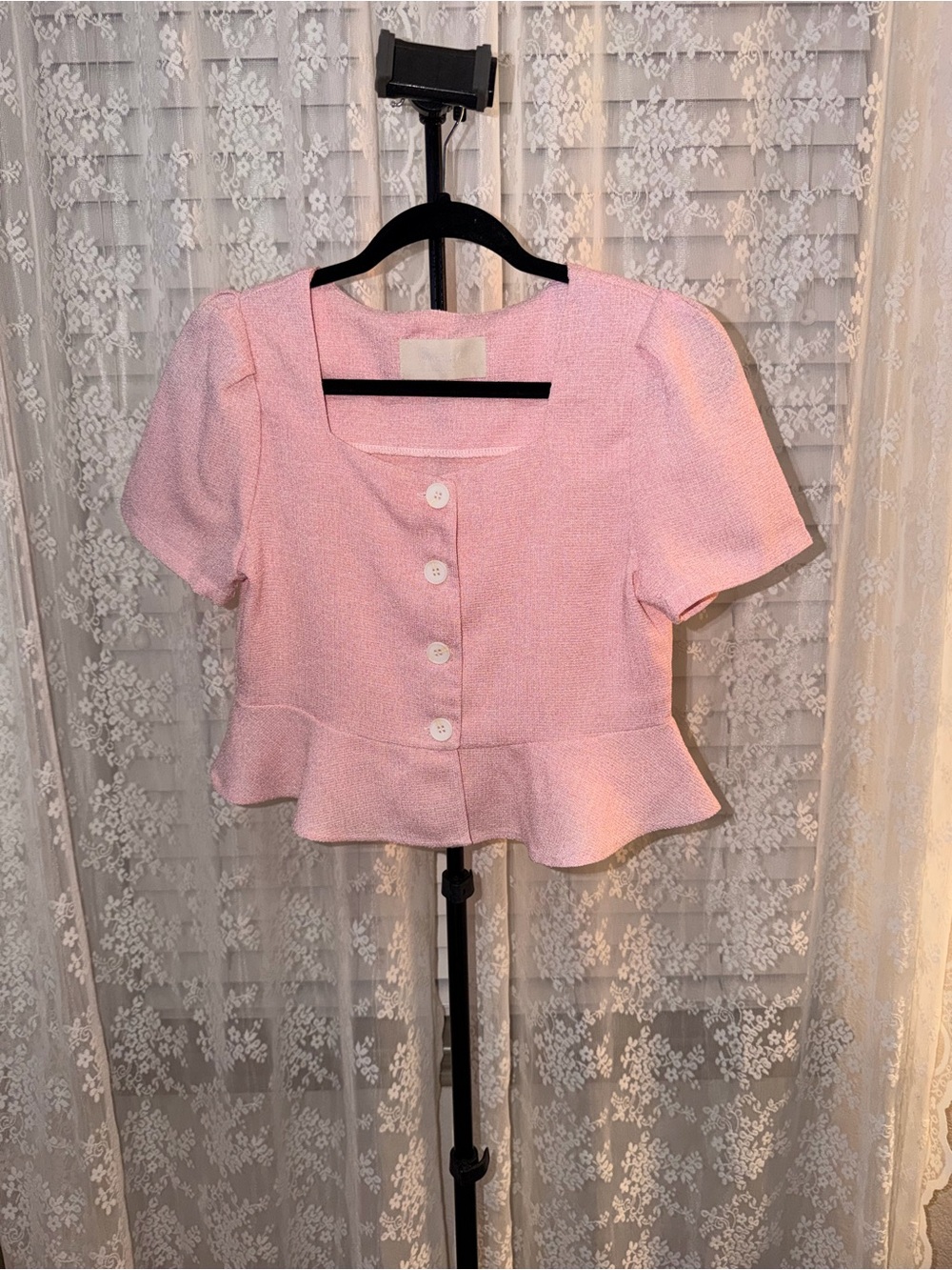 Pink Short-Sleeve Peplum Button Blouse